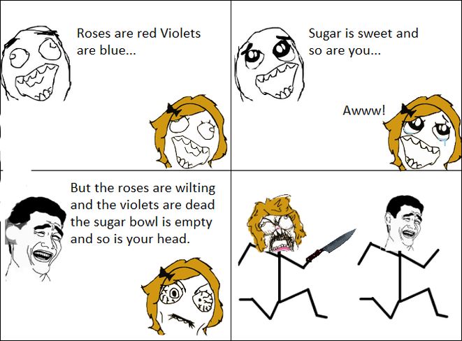 Roses are red. Red Violets are are Blue Sugar is Sweet and. Roses are Dead. Roses are Red Violets are Blue one is Dead and so are you. Roses are Red Violets are Blue my Heart is Dead i'm such a Fool.